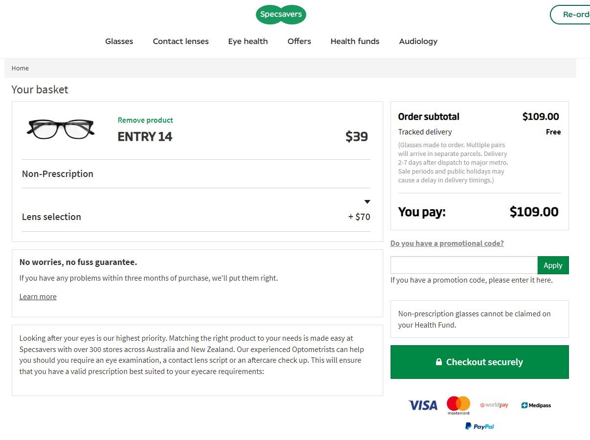 Specsavers checkout page with promo code field.