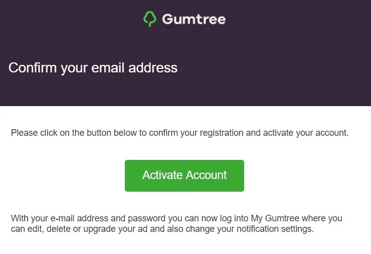 Gumtree confirm email page