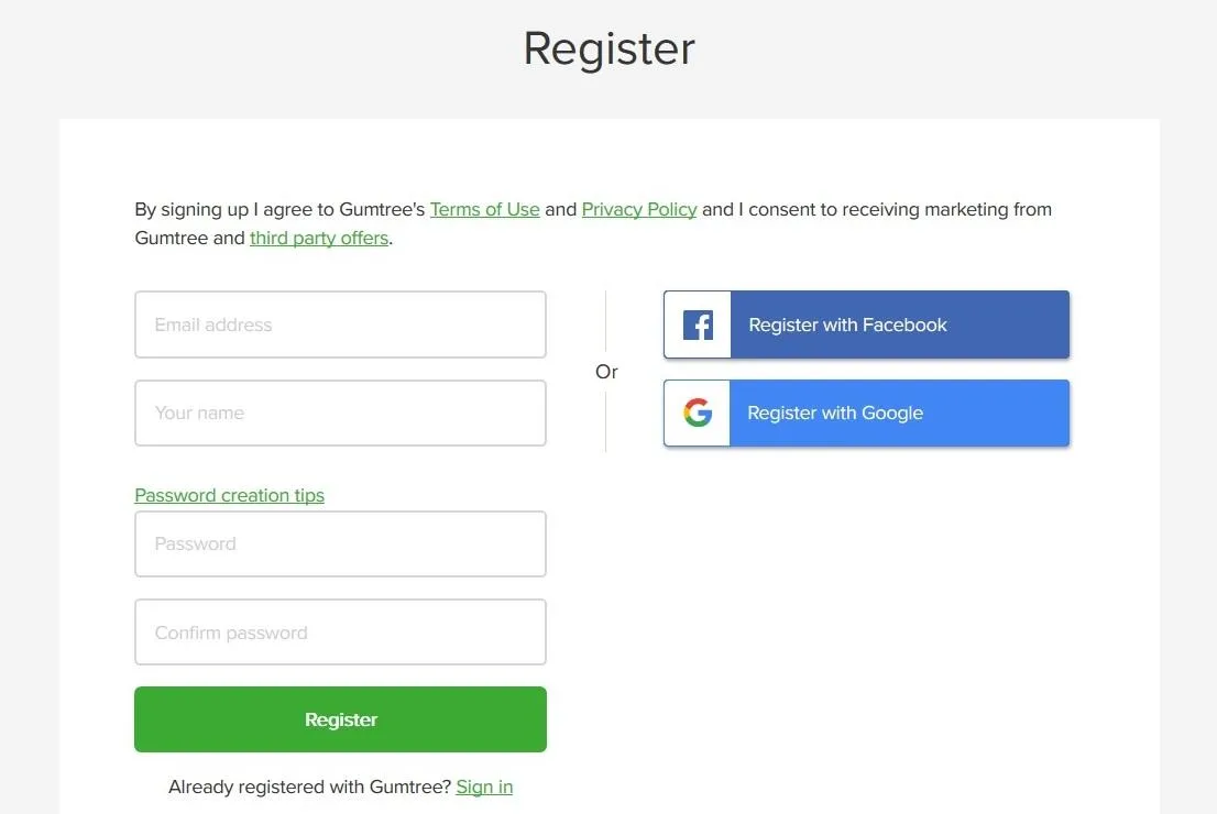 Gumtree register page