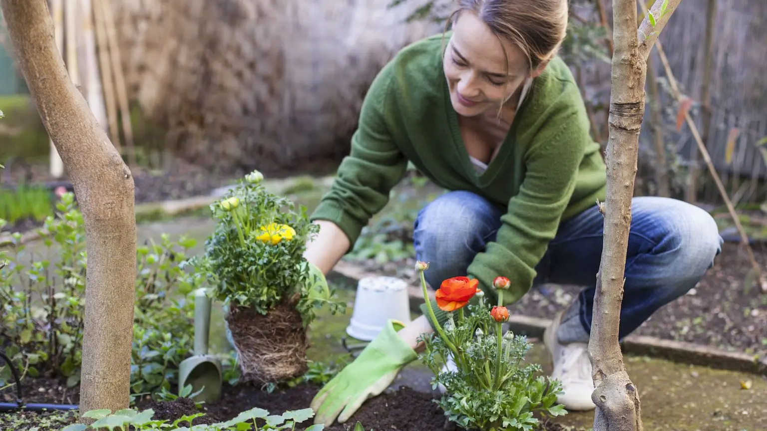 Woman planting flowers in her gardening using gardening tools