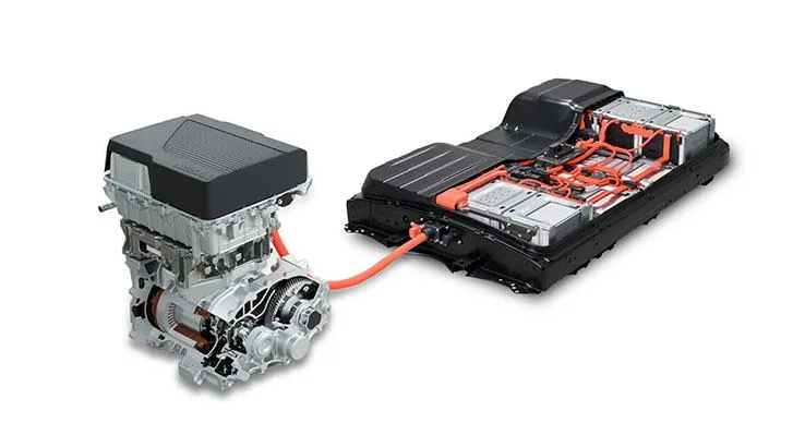 The Nissan Leaf's inverter, electric motor and battery pack, replacing a traditional engine, exhaust and fuel tank