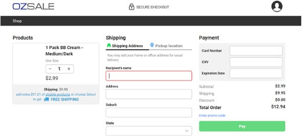 Ozsale Checkout page