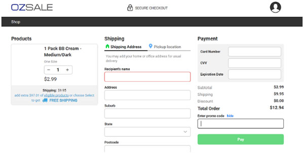 Ozsale checkout page with promo code box