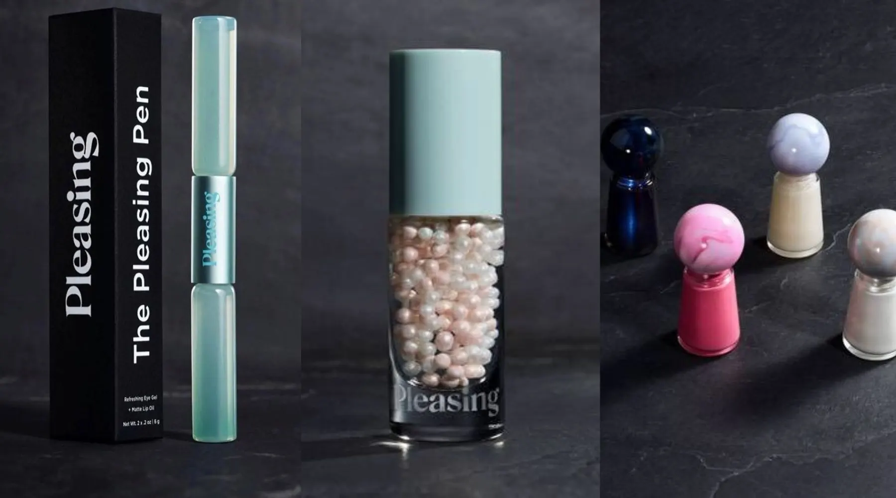 Collage of products from Harry Styles' 'Pleasing' cosmetic and nail polish collection.