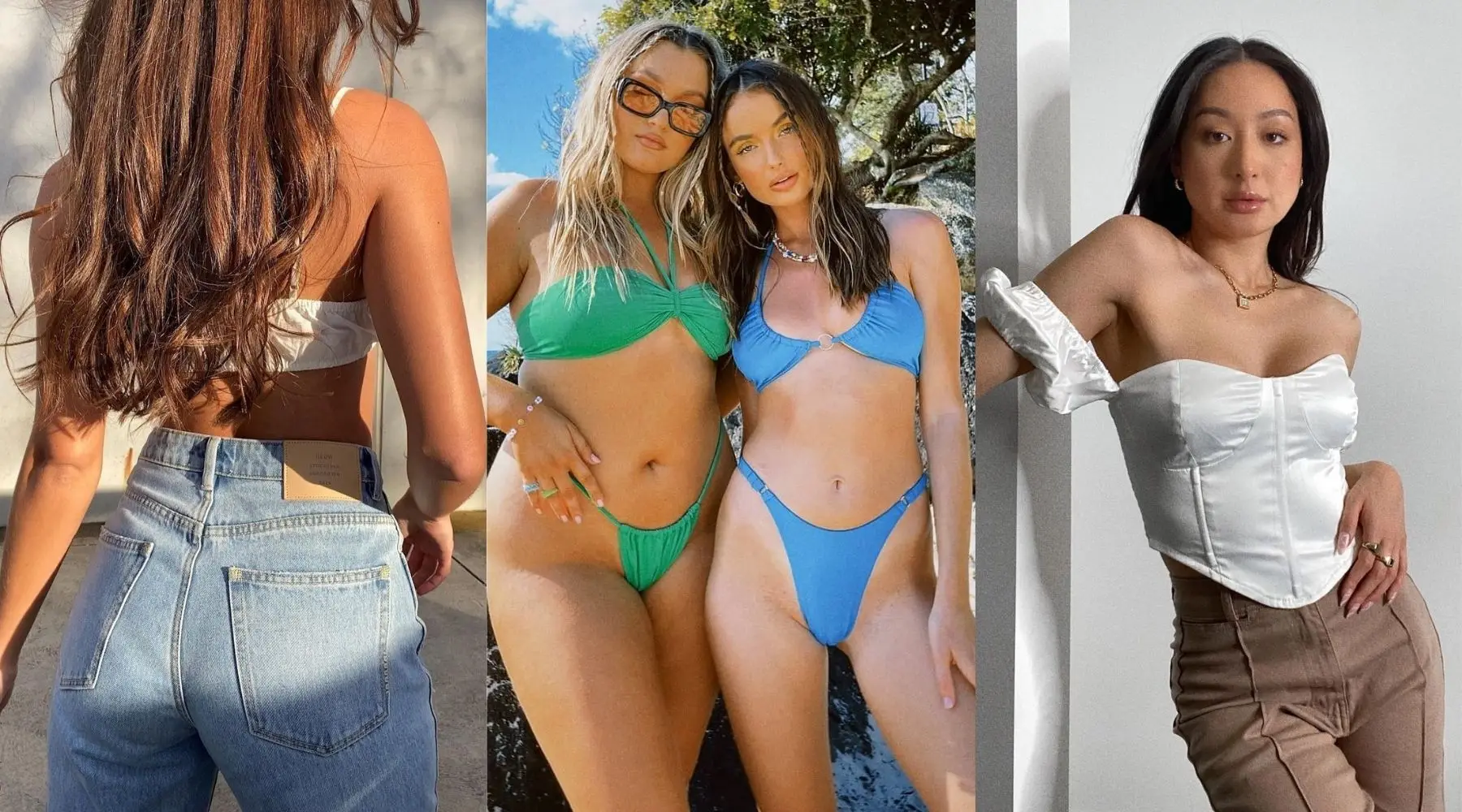 Collage of images including a girl wearing jeans from General Pants, two girls wearing Princess Polly bikinis and a girl wearing a white corset top and brown pants from Glassons.