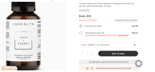 JSHealth Vitamins screengrab for add to bag