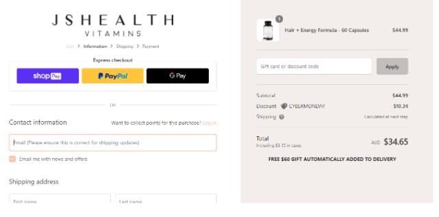 JSHealth Vitamins screengrab for discount code