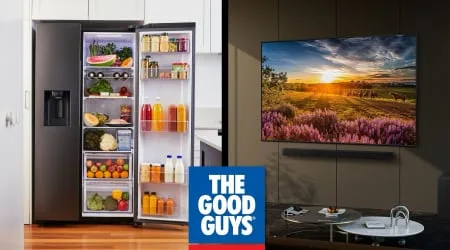 The Good Guys logo with a fridge and TV in the background