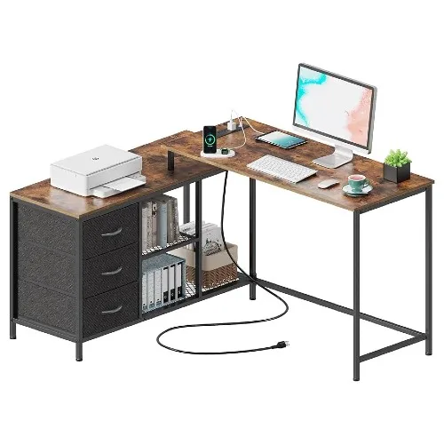 SUPERJARE L Shaped Desk with Outlets and Drawers